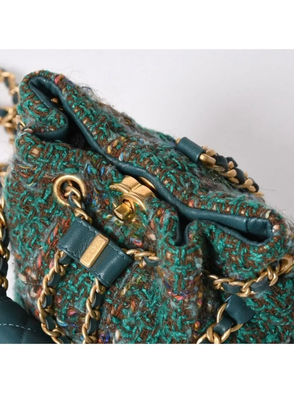 Chanel Small Backpack Base CC Logo Tweed Lambskin Green Gold